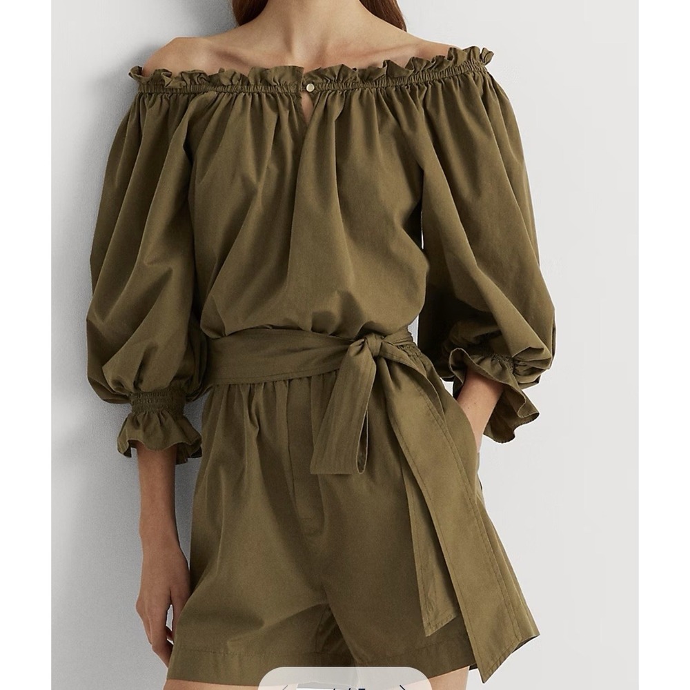Lauren Ralph Lauren Olive Green Off Shoulder Cotton Ruffle Belted Romper Sz 18